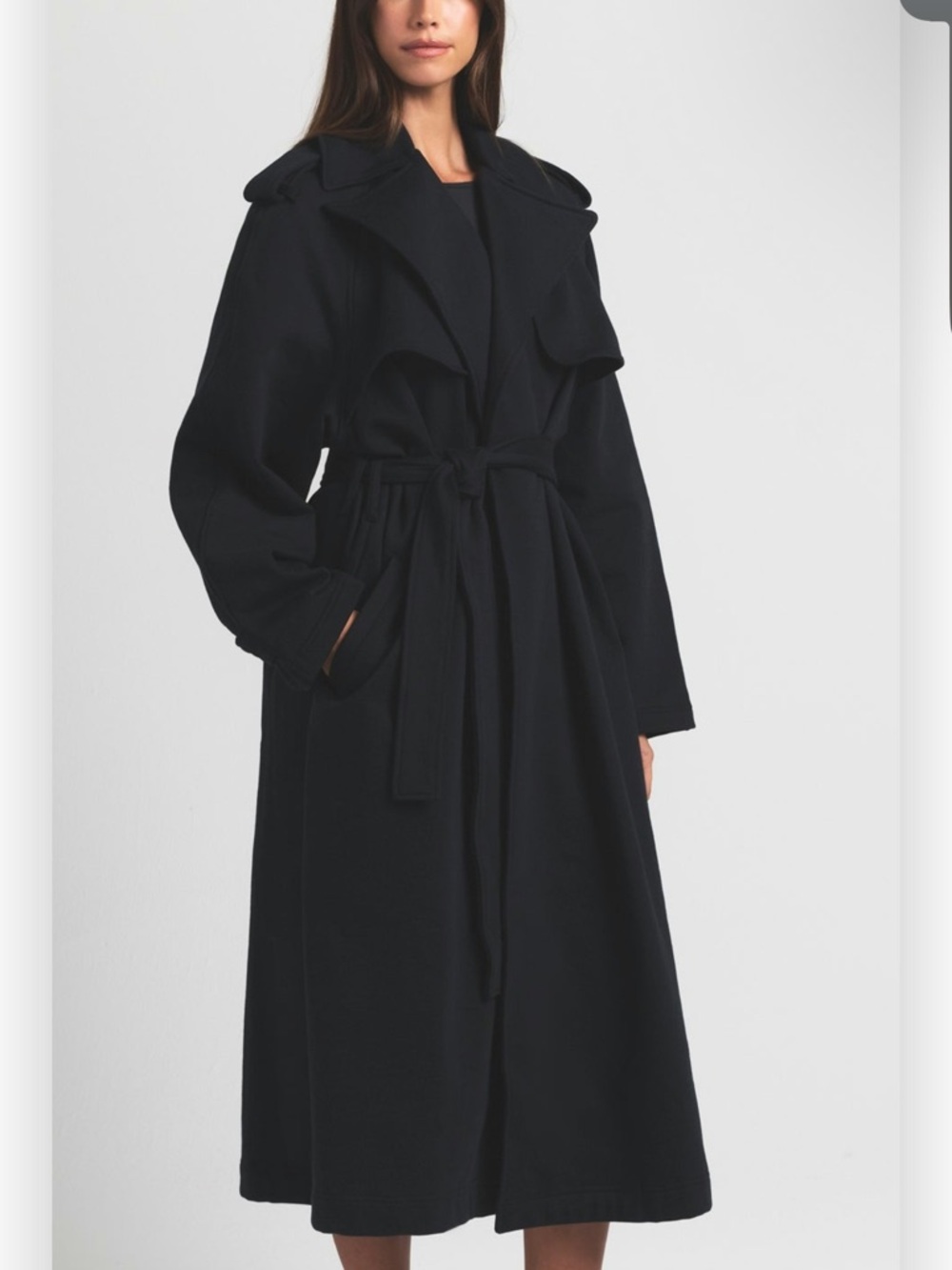 NWT SKIMS Boyfriend Fleece Oversized Black Trench Coat with Tie Waist Size Large